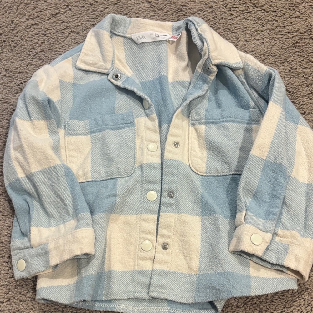 Zara Light Blue and Cream Checkered Jacket